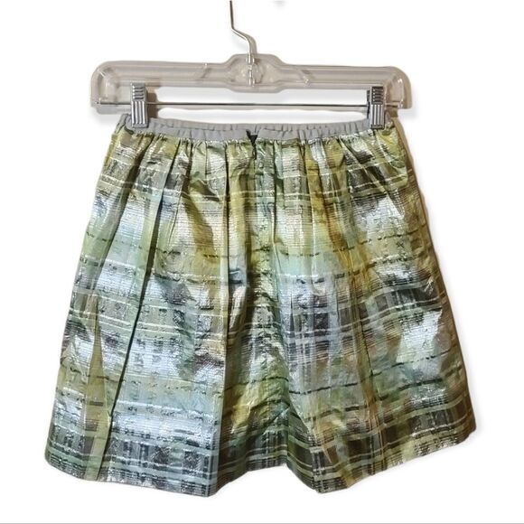J. Crew Green Silver Metallic Plaid Full Mini Skirt Size 00 - Picture 2 of 5